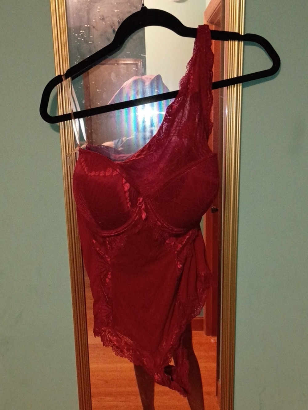 Frederick's of Hollywood Red One-Shoulder Lace Chemise